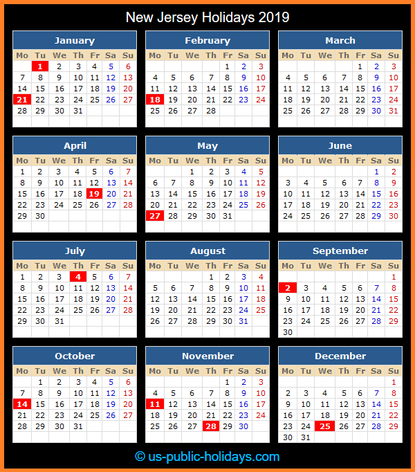 New Jersey Holiday Calendar 2019